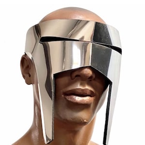 Anger spartan monoblock-cyclops, futuristic robot visor, warrior , cyberpunk ,one ready made in dark chrome