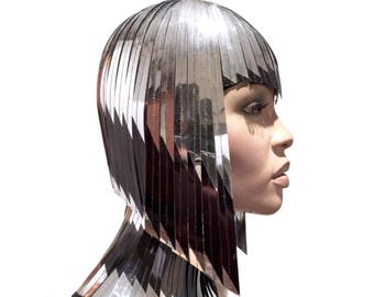 Metallic Cleopatra Headdress - Futuristic mirror Bob Wig with owl forehead