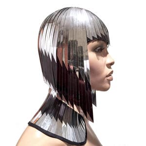 2 tone owl forehead Cleopatra metallic wig hairdress in chrome or gold egyptian goddess wig bob hairpiece bobcut headpiece metal futuristic