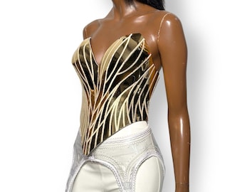 Volitan elegant gold corset, futuristic metallic golden top armour