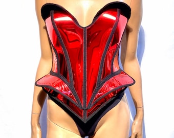 Single color fantasy bust plate with embossed design. Female robot costume. Burlesque metal corset front plate.