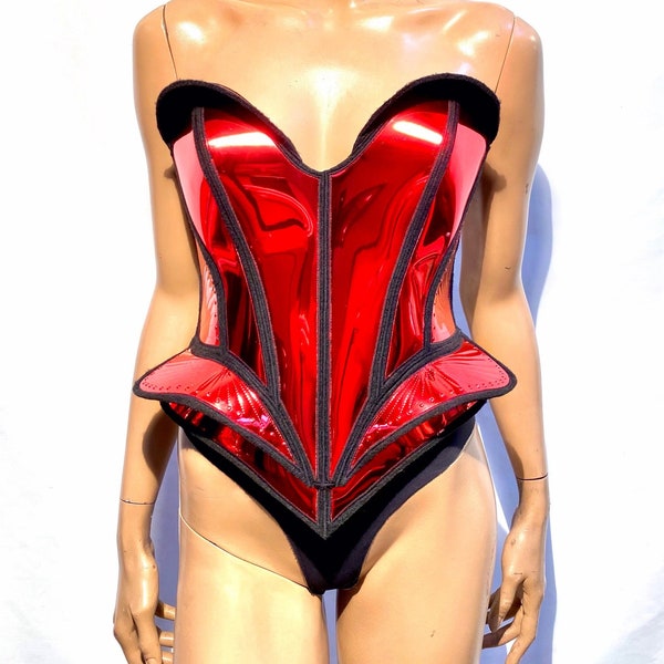 Single color embossed fantasy bust plate top. Female robot costume. Burlesque metal corset front plate.