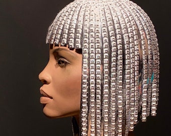 Diamond Silver WIG ,Cleopatra metallic wig, hairdress  egyptian wig, bob wig ,hairpiece headpiece metal futuristic Divamp Couture wig