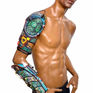 Complete single cyborg computer arm piece, cyber robot arm, futuristic droid armor, divamp couture, cyberpunk techwear cybercore