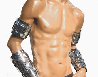 Chunky Woven Chrome Slave Cuffs 4X, Silver Gloves, Male Metal Arm Cuffs
