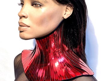 Red metallic neck corset, necklace gothic choker, cybergoth collar