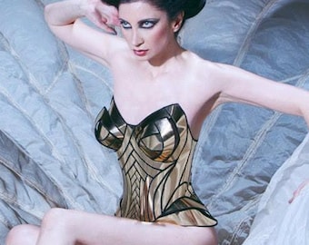 Golden armour corset , armor, sci fi costume, lady gaga , steampunk, futuristic clothing metal corset metallic goddess egyptian burningman