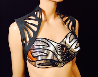 futuristic chrome bustier corset top ,sci fi costume top, lady gaga bra , cyberpunk, cybergoth steampunk,