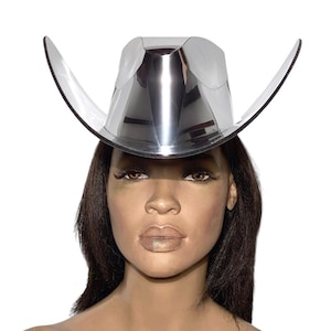 Futuristic chrome silver or gold space Cowboy hat, as seen on celebs ,Large brim, cowboy, cowgirl hat, as seen on mayor celebs