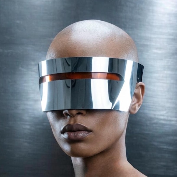 Monoblock Cyclops Robot Visor: Sci-Fi futuristic Cyberpunk android Headgear by Divamp, rave festival sunglasses