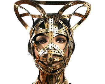 Gold Cage Mask Helmet: Sci-Fi Cyberpunk Headdress
