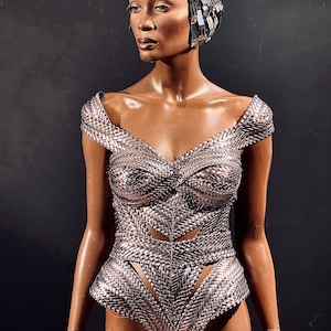 Biomech woven silver corset, bodysuit, robot, cyber, out of space top