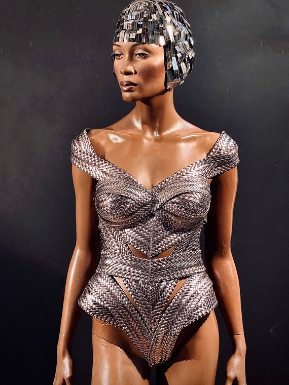 Biomech Woven Silver Corset, Bodysuit, Robot, Cyber, Out of Space Top 