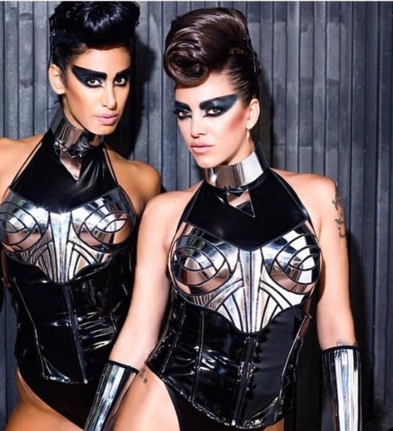 fusion bra cyberpunk chrome bustier corset top futuristic clothing cybergoth steampunk sci fi costume top,lady ga bra,rave bra