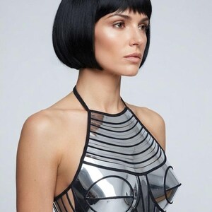 May include: A metallic silver halter top featuring a structured, futuristic design with circular chest panels and horizontal cutouts. The garment is accented with black trim along the edges and seams, creating a bold, reflective, and geometric aesthetic.