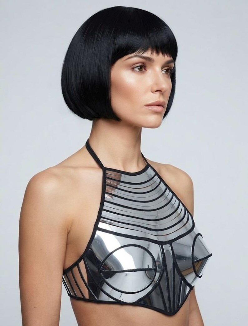 May include: A metallic silver halter top featuring a structured, futuristic design with circular chest panels and horizontal cutouts. The garment is accented with black trim along the edges and seams, creating a bold, reflective, and geometric aesthetic.