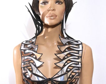 Metallic Spiegel Bustier mit Spike Kragen, Burlesque futuristisches Cyberpunk Kostüm, US TARIFFS vorausbezahlt