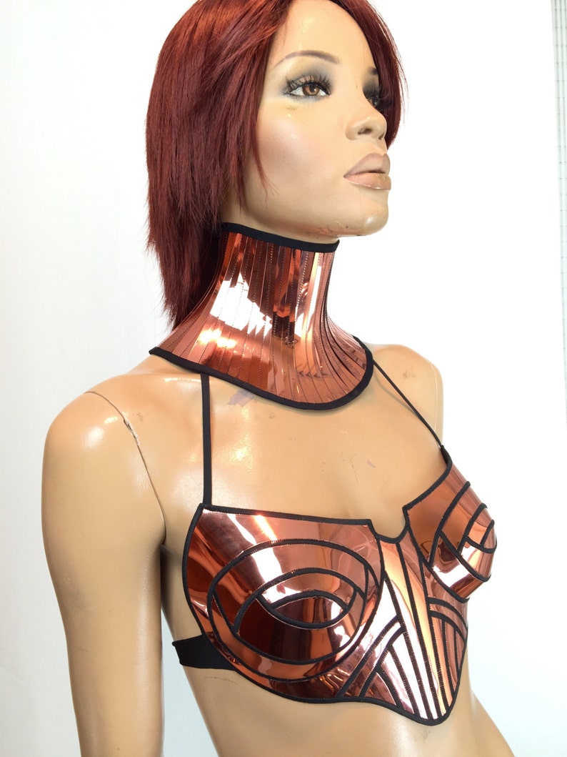 fusion bra cyberpunk chrome bustier corset top futuristic clothing cybergoth steampunk sci fi costume top,lady ga bra,rave bra