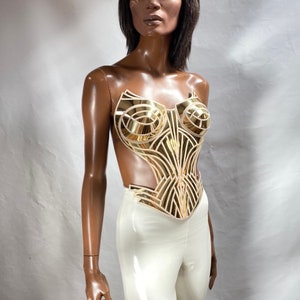 Metropolis golden corset top. Futuristic metallic bustier. Sci fi costume in metal mirror effect. Robot or cyberpunk futuristic gear. image 5