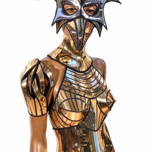 May include: A gold and silver mirrored costume with a mask. The costume features a halter top, a corset, and shoulder pads. The mask is a bird-like design with a long beak.