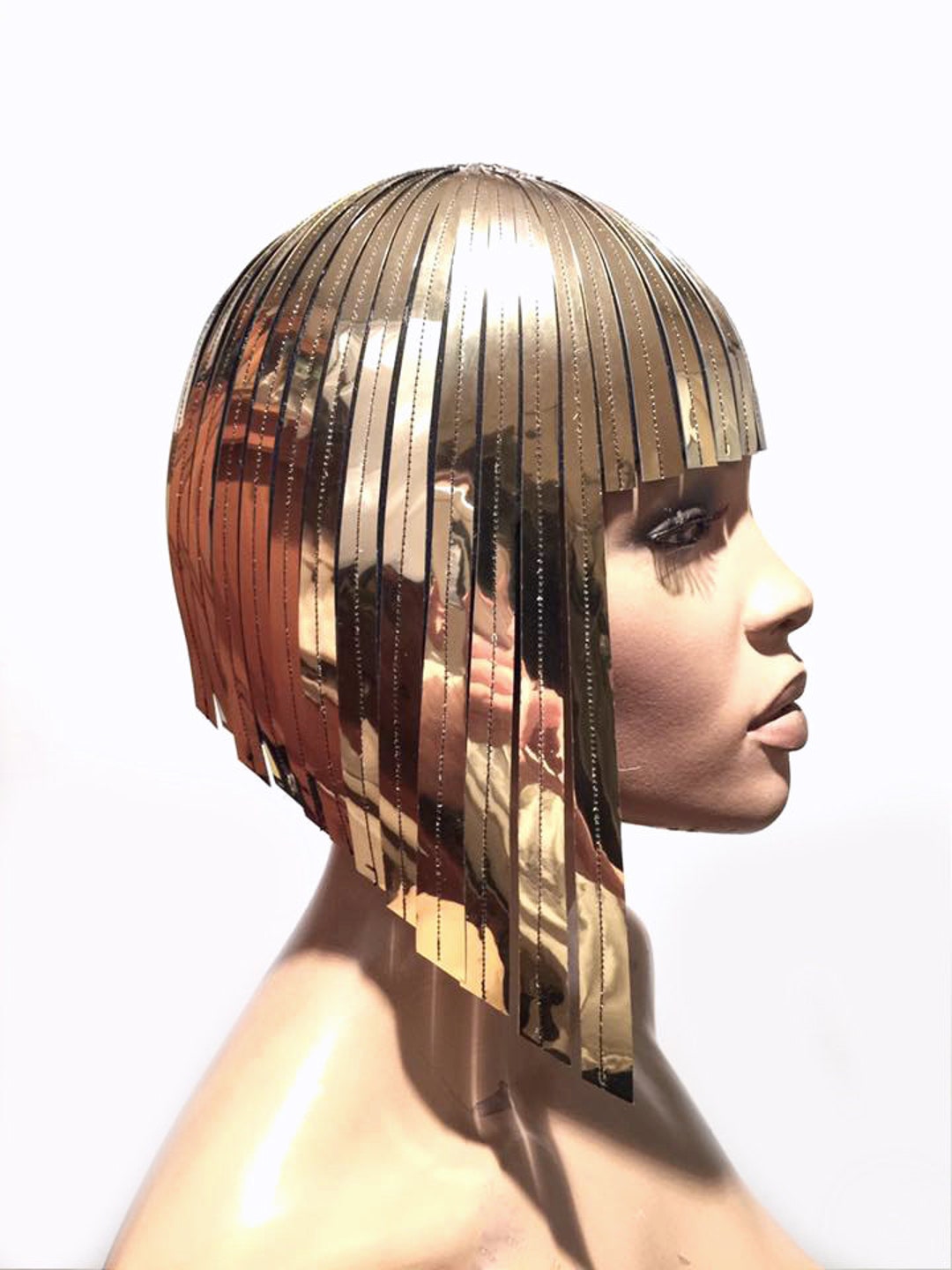 Divamp Couture Gold Cleopatra Wig: Metallic PVC Bob  display picture 2