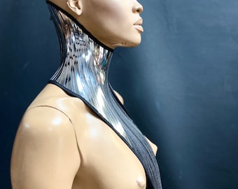 Bib High Posture collar , part of Sorayama meets Giger costume neck corset necklace, metallic gothic choker futuristic fetish cyberpunk