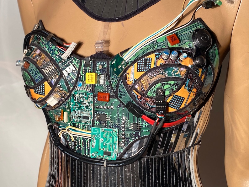 computer love bustier,corset top, robot top, computer circuits top,made with upcycled computer components. image 7