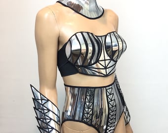 Chrome Armour Corset Top, Metallic futuristic Bustier, Show Costume,rave, club wear