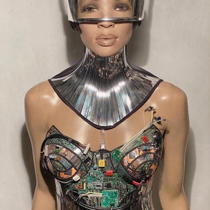 computer love bustier,corset top, robot top, computer circuits top,made with upcycled computer components. image 8