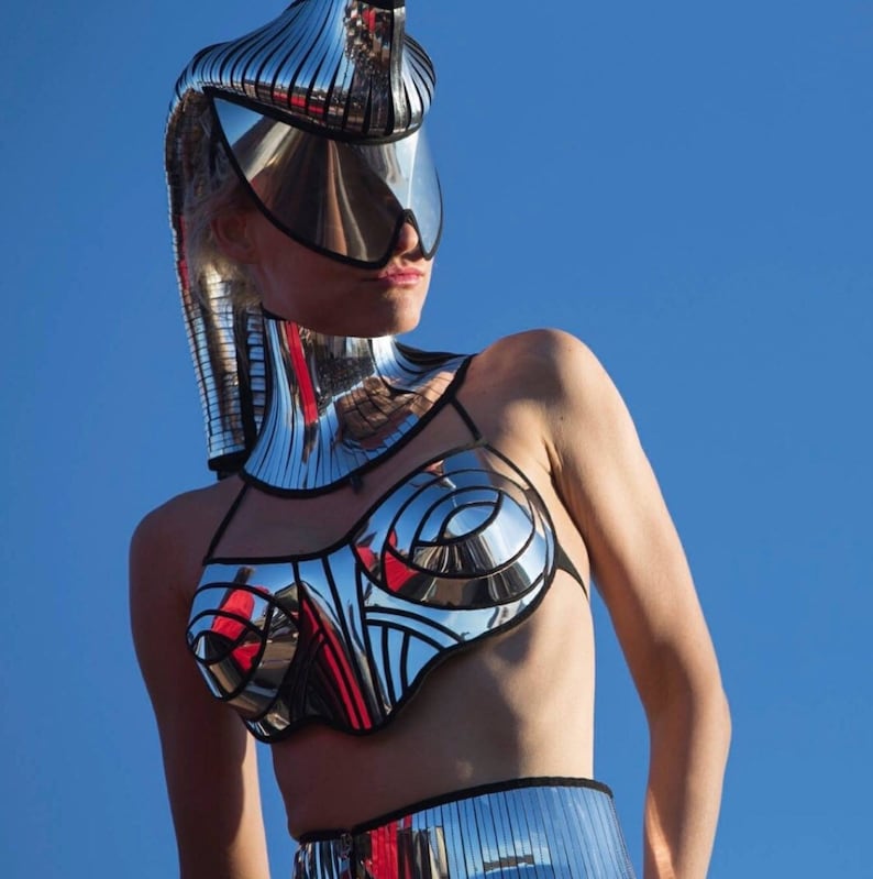 chrome bustier korset top, futuristische top, silver bra, rave costume, cyberpunk, cybergoth steampunk, futuristic clothing, fusion bra image 9