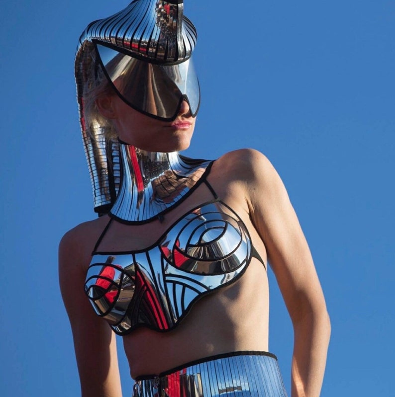 fusion bra cyberpunk chrome bustier corset top futuristic clothing cybergoth steampunk sci fi costume top,lady ga bra,rave bra