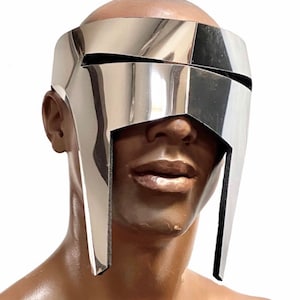 Anger spartan monoblock-cyclops, futuristic robot visor, warrior , cyberpunk ,one ready made in dark chrome