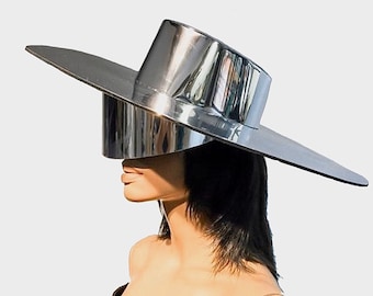 Asymetric Futuristic chrome Zorro big brim, silver fedora,  metallic floppy hat , inclusive mirror visor
