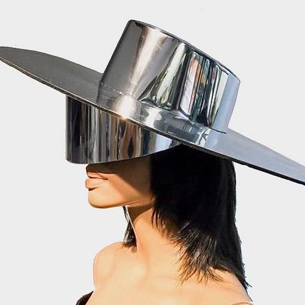 Asymetric Futuristic chrome Zorro big brim, silver fedora,  metallic floppy hat , inclusive mirror visor