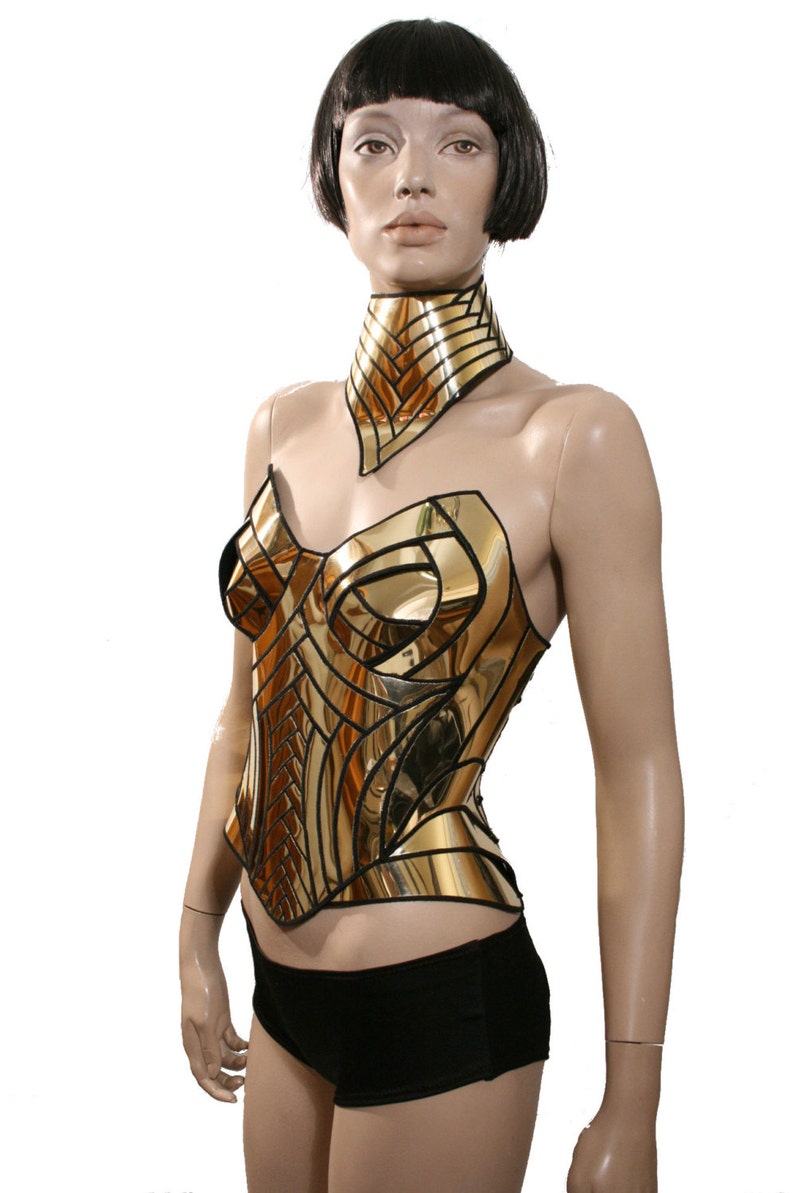 Golden armour corset , armor, sci fi costume, lady gaga , steampunk, futuristic clothing metal corset metallic goddess egyptian burningman image 2