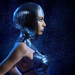 May include: A woman with a silver metallic bob haircut and a silver metallic bodice. The background is a dark blue with a light blue sparkle effect.