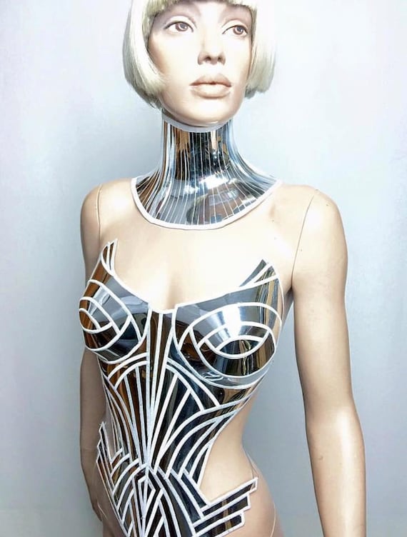elegant embroidered in white bust plate ,burlesque top, cyber bustier, gothic corset, sci fi costume, futuristic clothing, metal corset