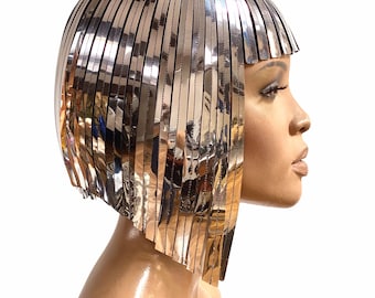 Divamp Couture Metallic Silver Cleopatra Wig, Futuristic Headpiece