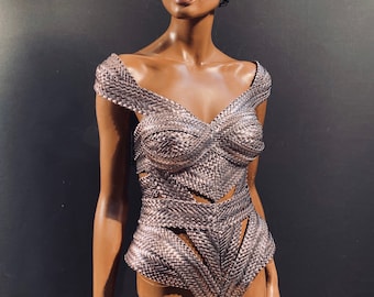 Biomech Woven Silver Corset, Bodysuit, Robot, Cyber, Out of Space Top -   Canada