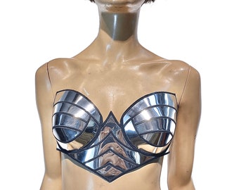 Sun Goddess Bustier Bra in Chrome, Futuristic Metallic Top