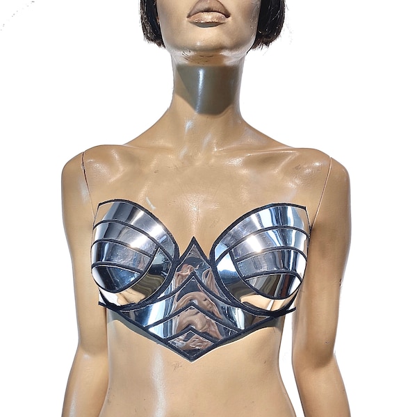 Sun goddess bustier bra in chrome, futuristic metallic top,  burlesque rave mirror chrome top, cyberpunk bustier