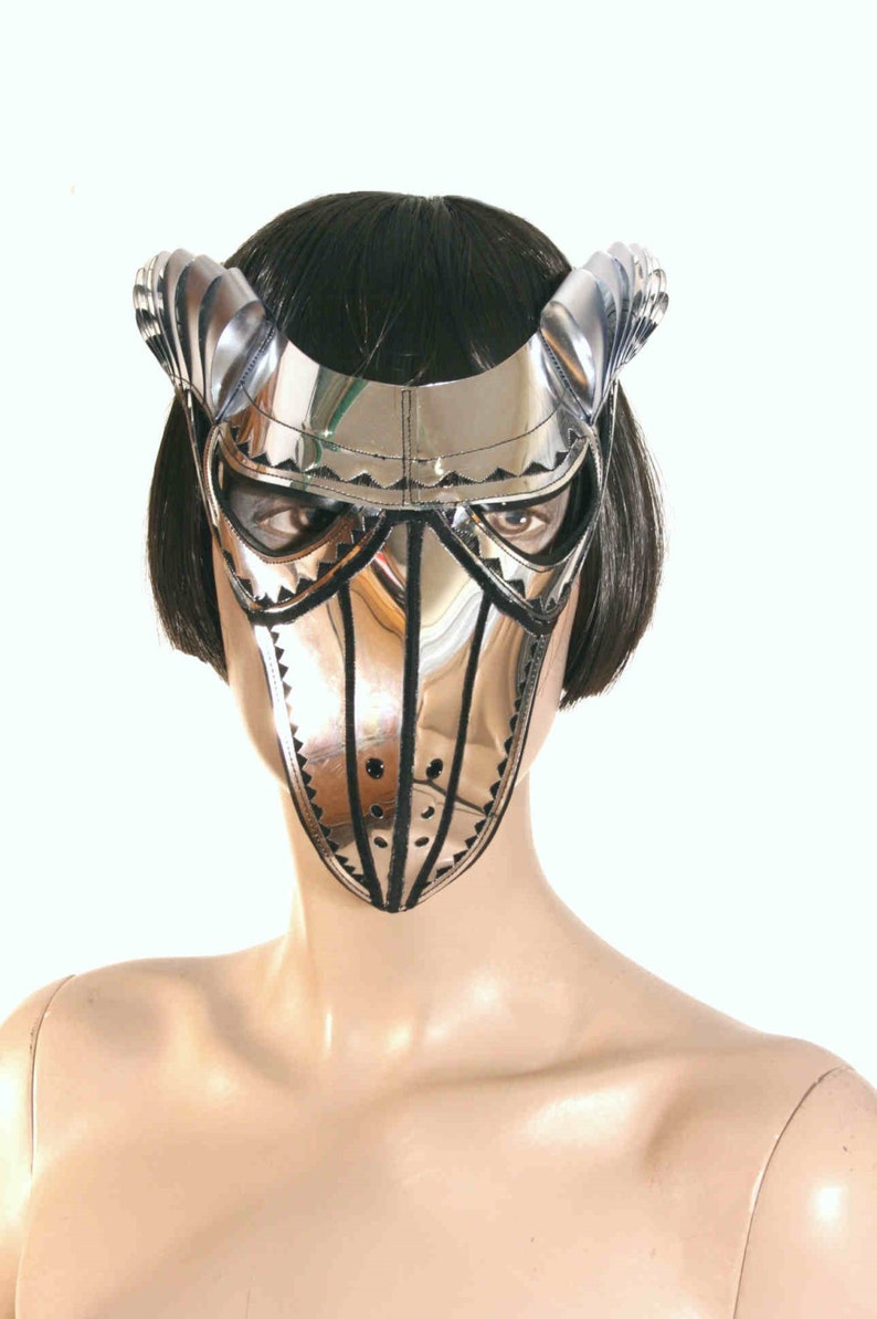 May include: A silver and black masquerade mask with a pointed beak and decorative details. The mask has a mirrored surface and is worn by a person with black hair.