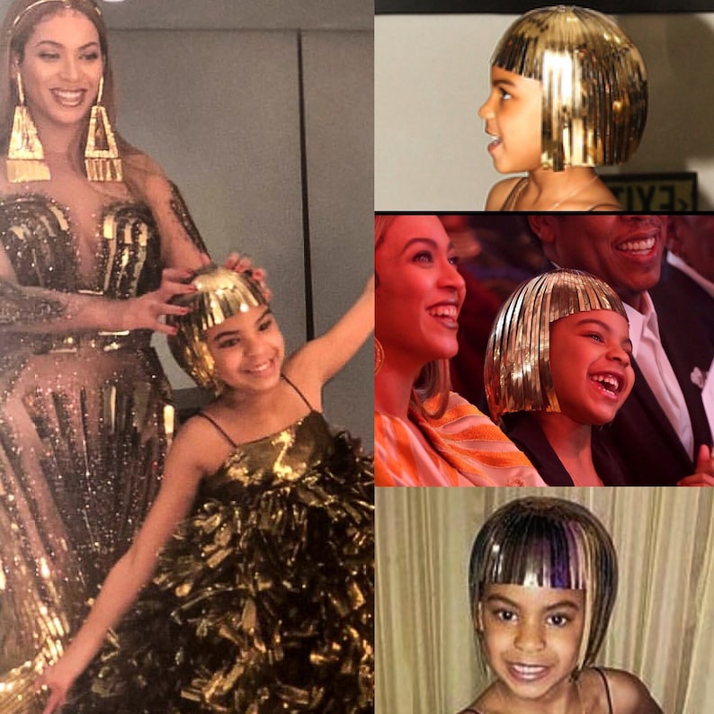 May include: A collage of four images featuring a young girl wearing a gold, fringed wig. The girl is smiling and laughing in each image. In one image, she is being helped to put on the wig by a woman with long, dark hair. In another image, she is sitting next to a man with short, dark hair. The images are all taken from different angles and show the girl from different perspectives.