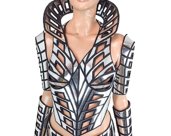 art deco inspired corset, burlesque performer ,futuristic costume