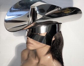 Futuristic chrome space cowboy hat, big brim, cowgirl hat, fedora, visor included