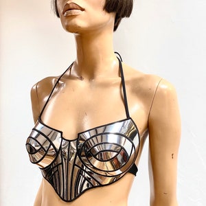chrome bustier korset top, futuristische top, silver bra, rave costume, cyberpunk, cybergoth steampunk, futuristic clothing, fusion bra image 10