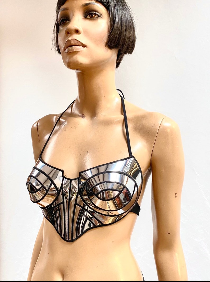 chrome bustier korset top, futuristische top, silver bra, rave costume, cyberpunk, cybergoth steampunk, futuristic clothing, fusion bra image 10