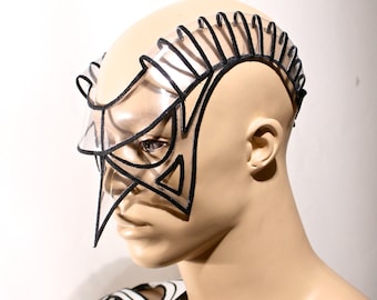 Clear Cyber Mask with Horns, Sci-Fi Borg Eyewear, rave festival outfit