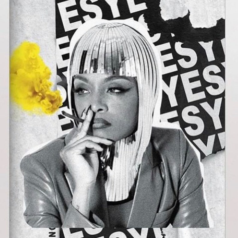 May include: Black and white photo of a person wearing a silver helmet and a black leather jacket. The person is holding a cigarette and looking to the side. The background is a collage of the word "YES" in black and white.