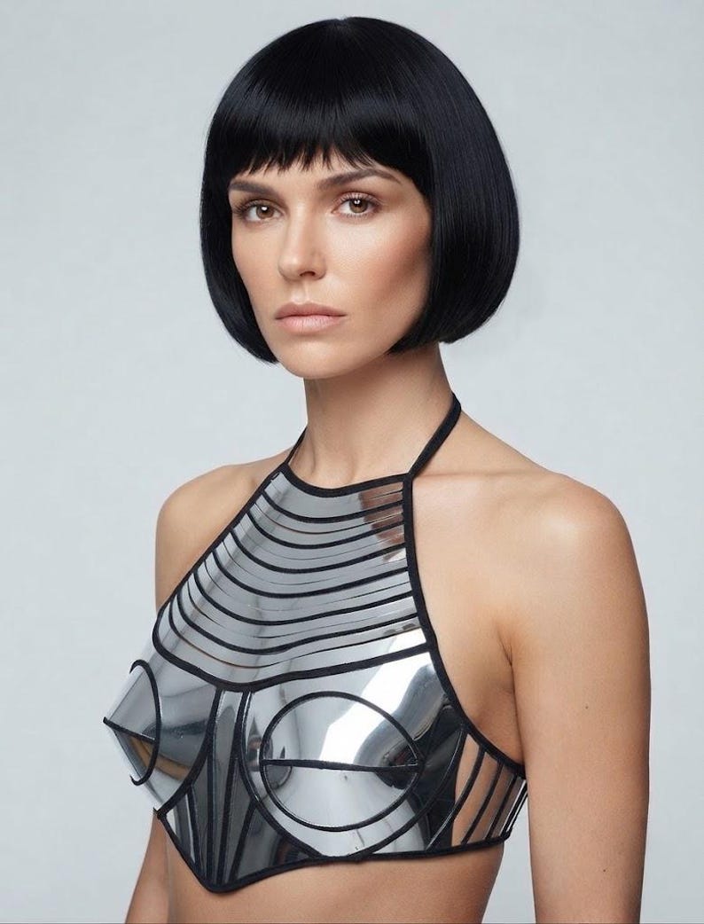 May include: A metallic silver halter top featuring a structured, reflective surface with horizontal paneling and circular chest accents. The garment is outlined with thin black trim, creating a geometric, futuristic appearance with a high neckline.